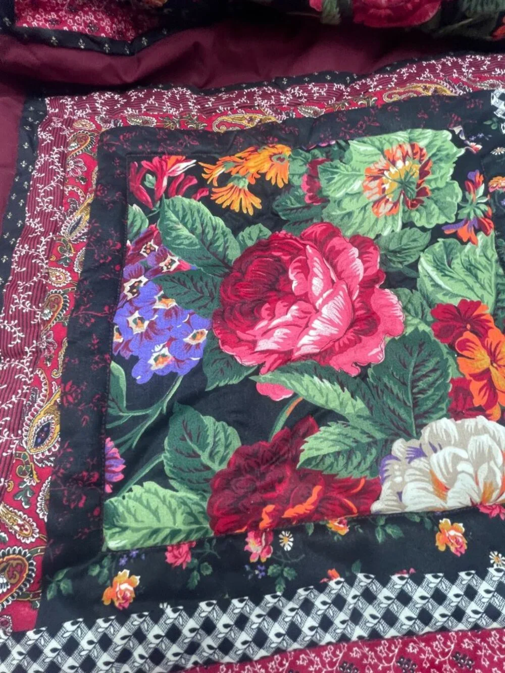handmade baby blanket throw fashioned by Peggy Hanson patchwork floral red READ